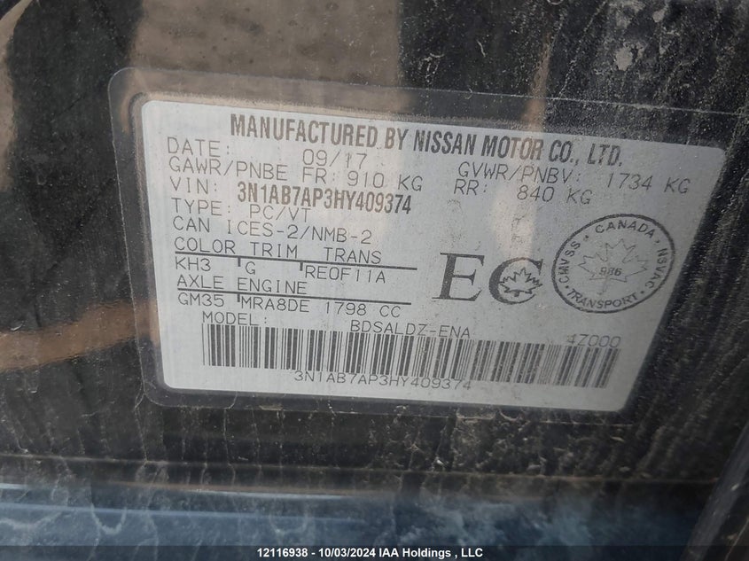 2017 Nissan Sentra VIN: 3N1AB7AP3HY409374 Lot: 12116938