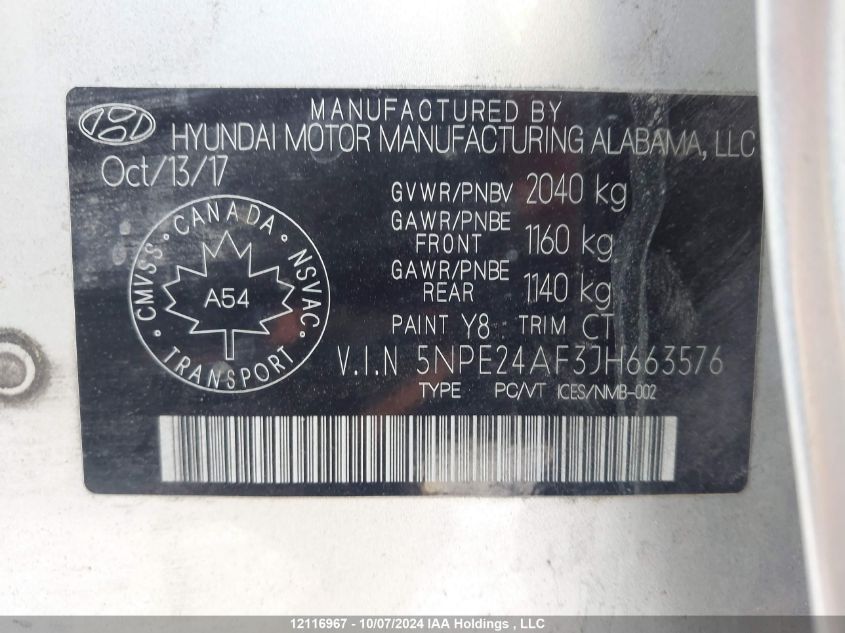 5NPE24AF3JH663576 2018 Hyundai Sonata Se