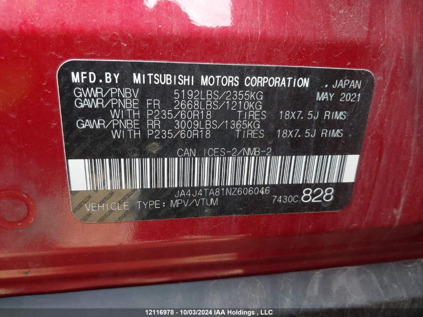 2022 Mitsubishi Outlander Es VIN: JA4J4TA81NZ606046 Lot: 12116978