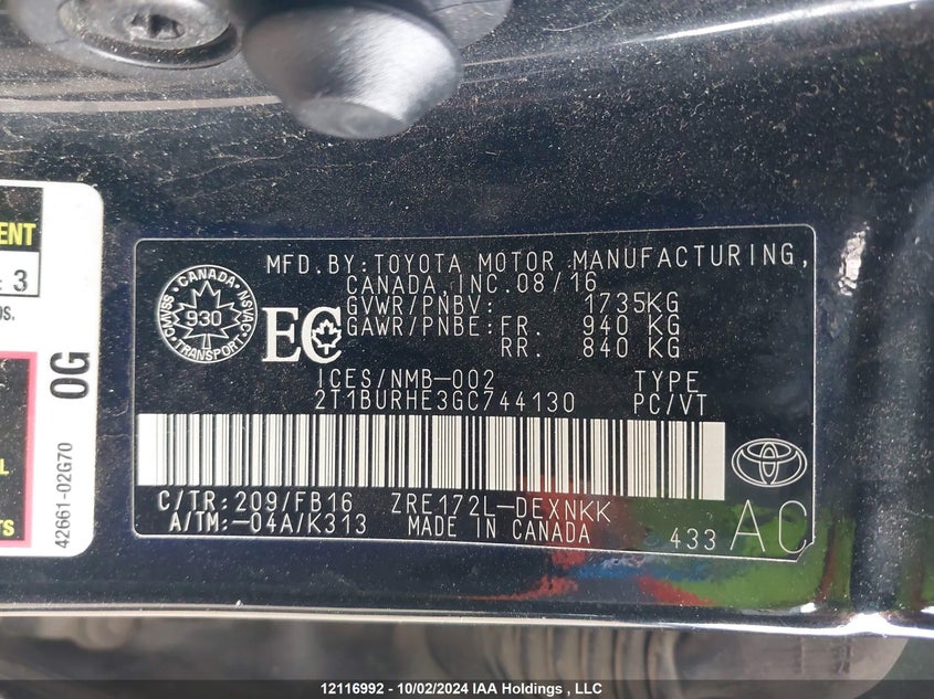 2016 Toyota Corolla Le VIN: 2T1BURHE3GC744130 Lot: 12116992