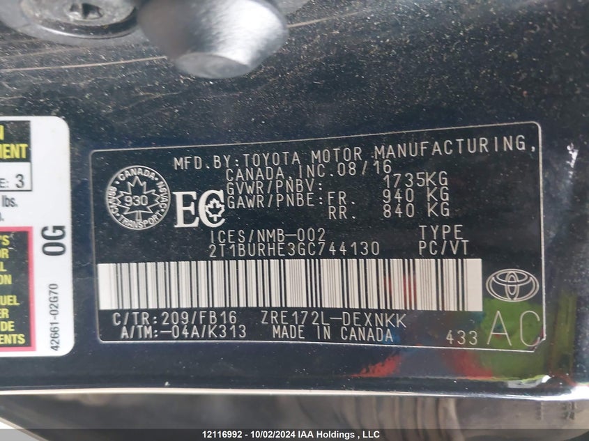 2016 Toyota Corolla Le VIN: 2T1BURHE3GC744130 Lot: 12116992