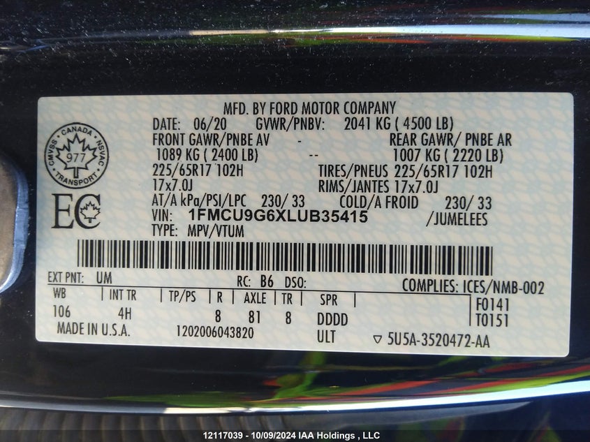 2020 Ford Escape Se VIN: 1FMCU9G6XLUB35415 Lot: 12117039