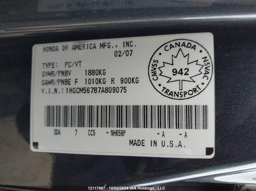 1HGCM56787A809075 2007 Honda Accord Ex