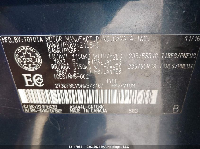 2017 Toyota Rav4 Limited VIN: 2T3DFREV9HW578467 Lot: 12117084