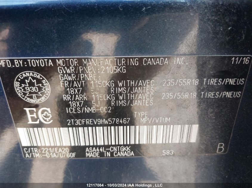 2017 Toyota Rav4 Limited VIN: 2T3DFREV9HW578467 Lot: 12117084