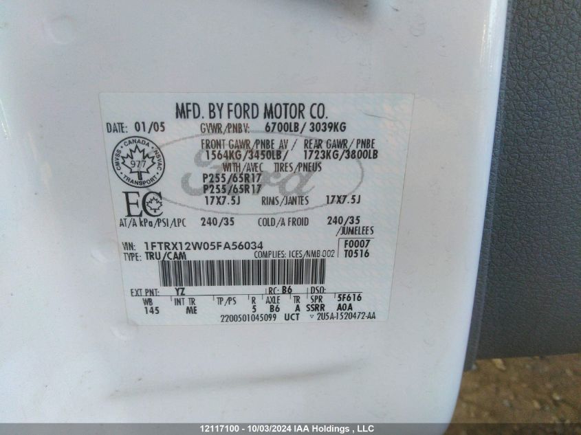 2005 Ford F-150 VIN: 1FTRX12W05FA56034 Lot: 12117100