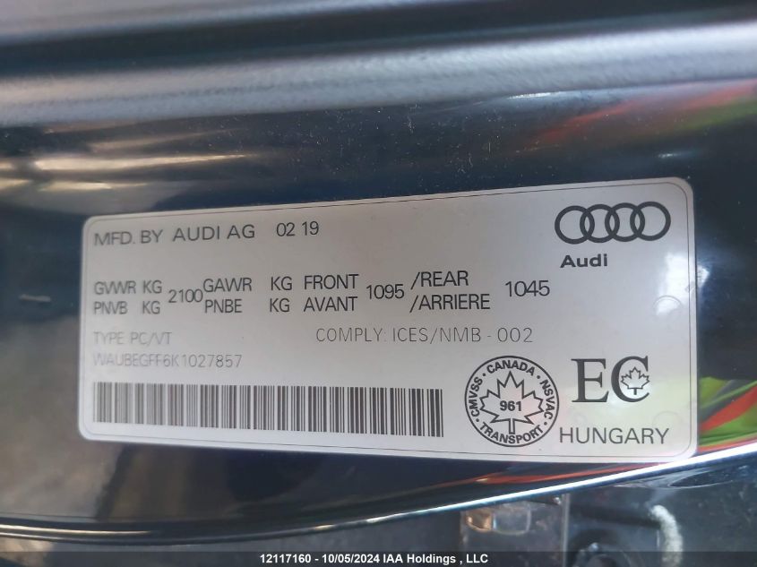 2019 Audi A3 Premium VIN: WAUBEGFF6K1027857 Lot: 12117160