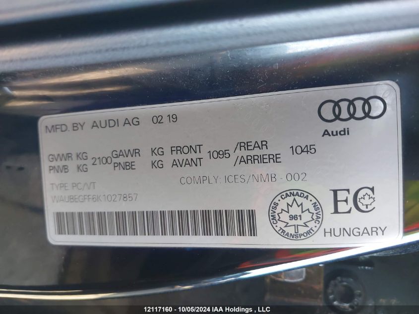 2019 Audi A3 Premium VIN: WAUBEGFF6K1027857 Lot: 12117160