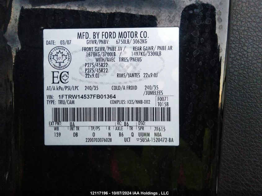 1FTRW14537FB01364 2007 Ford F-150