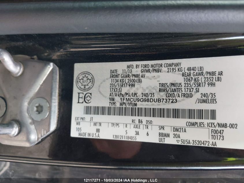 1FMCU9G98DUB73723 2013 Ford Escape Se