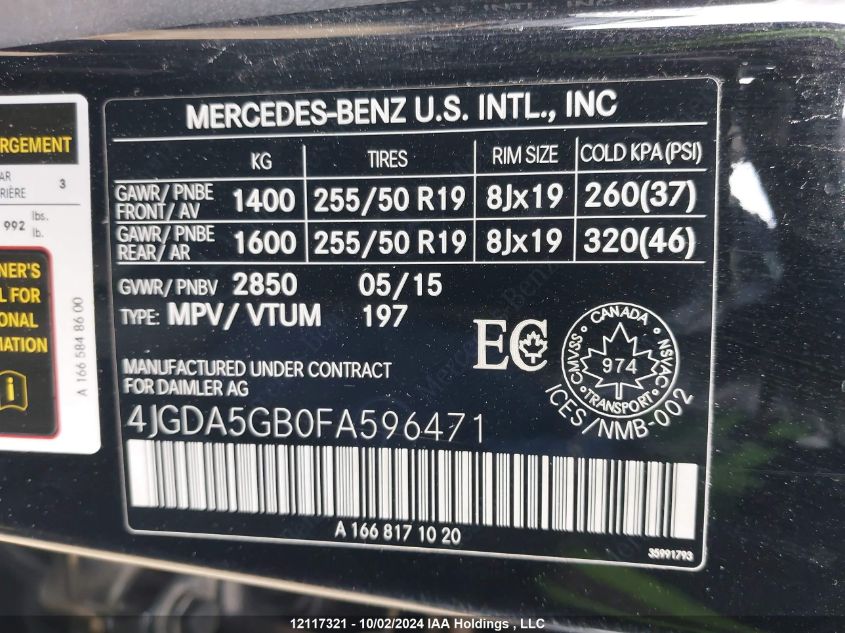 2015 Mercedes-Benz Ml 400 4Matic VIN: 4JGDA5GB0FA596471 Lot: 12117321