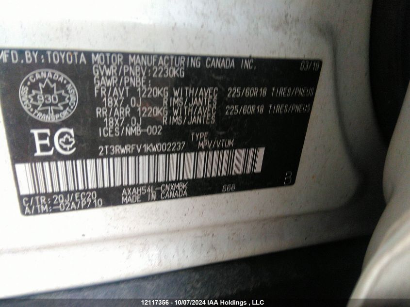 2T3RWRFV1KW002237 2019 Toyota Rav4 Hybrid Xle