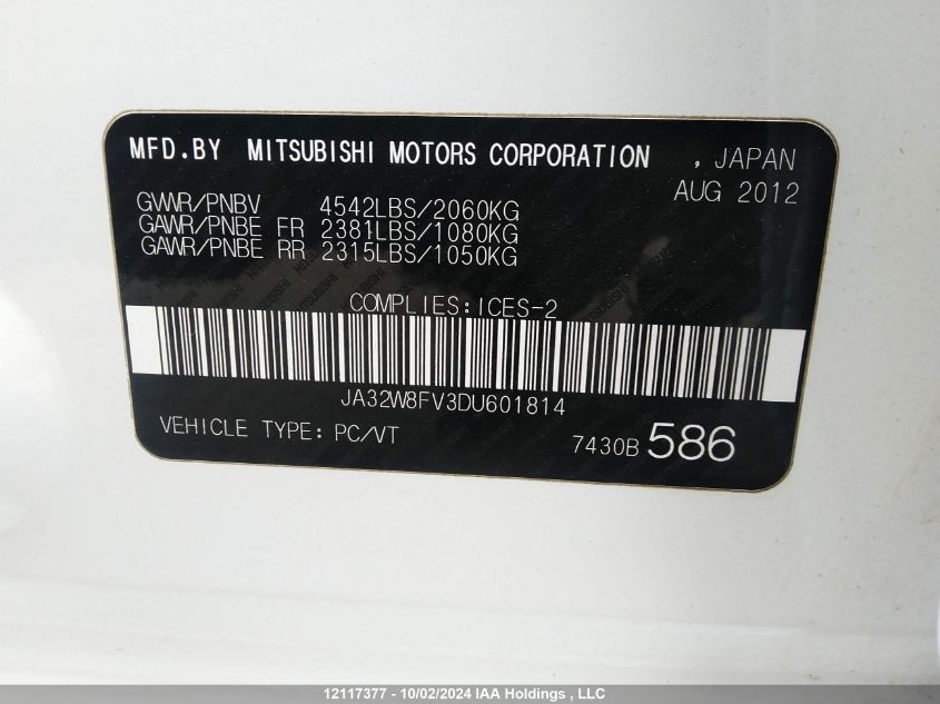 2013 Mitsubishi Lancer Evolution VIN: JA32W8FV3DU601814 Lot: 12117377