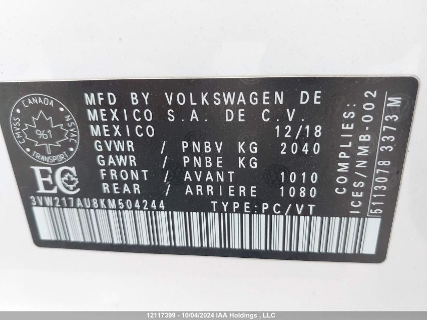 3VW217AU8KM504244 2019 Volkswagen Golf