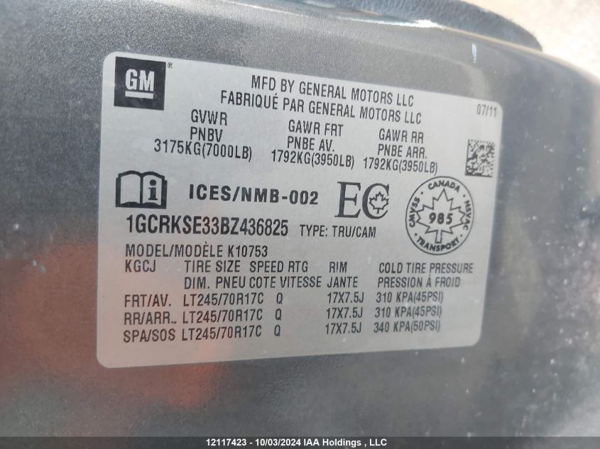 2011 Chevrolet Silverado K1500 Lt VIN: 1GCRKSE33BZ436825 Lot: 12117423