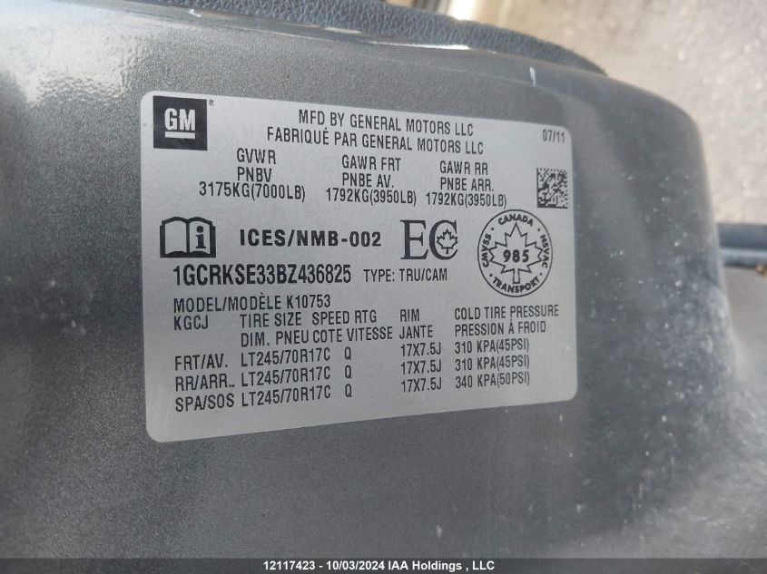 2011 Chevrolet Silverado K1500 Lt VIN: 1GCRKSE33BZ436825 Lot: 12117423