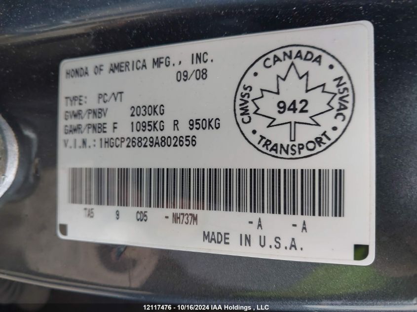 2009 Honda Accord Sedan VIN: 1HGCP26829A802656 Lot: 12117476