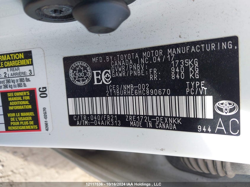 2017 Toyota Corolla L/Le/Xle/Se/Xse VIN: 2T1BURHE6HC890670 Lot: 12117536