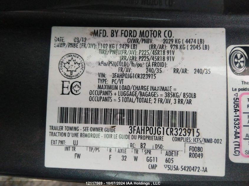 2012 Ford Fusion VIN: 3FAHP0JG1CR323915 Lot: 12117569