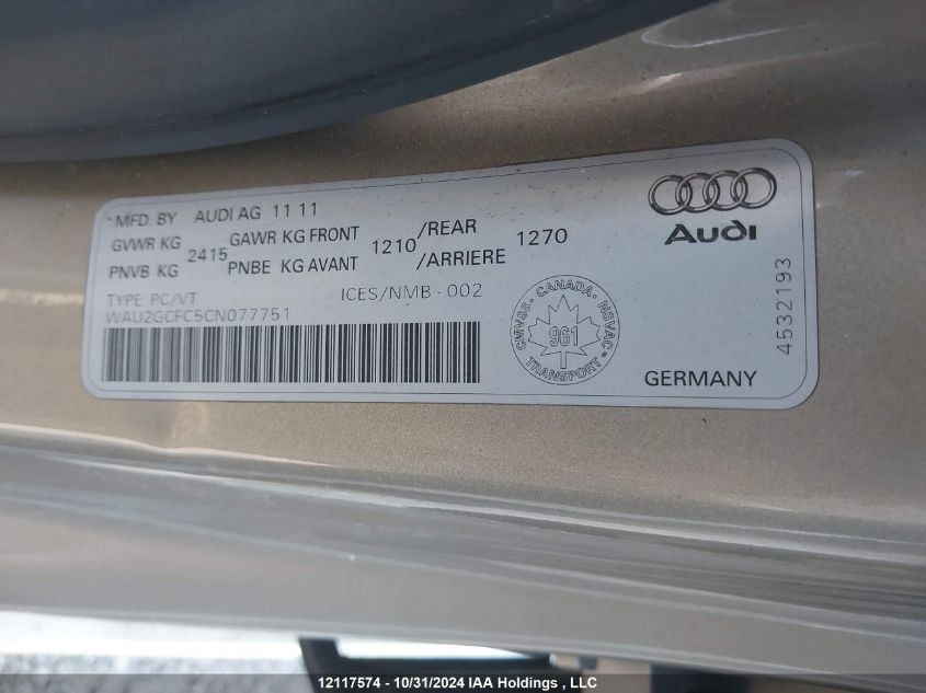 2012 Audi A7 Prestige VIN: WAU2GCFC5CN077751 Lot: 12117574