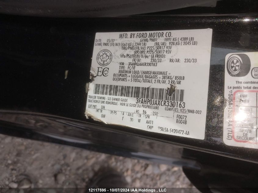 3FAHP0JAXCR330163 2012 Ford Fusion Sel