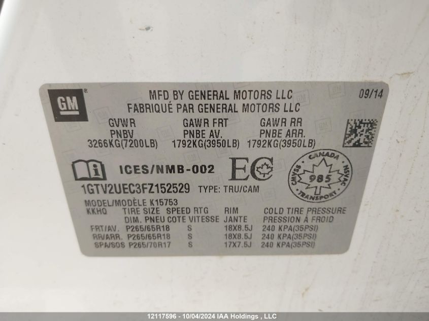 1GTV2UEC3FZ152529 2015 GMC Sierra K1500 Sle