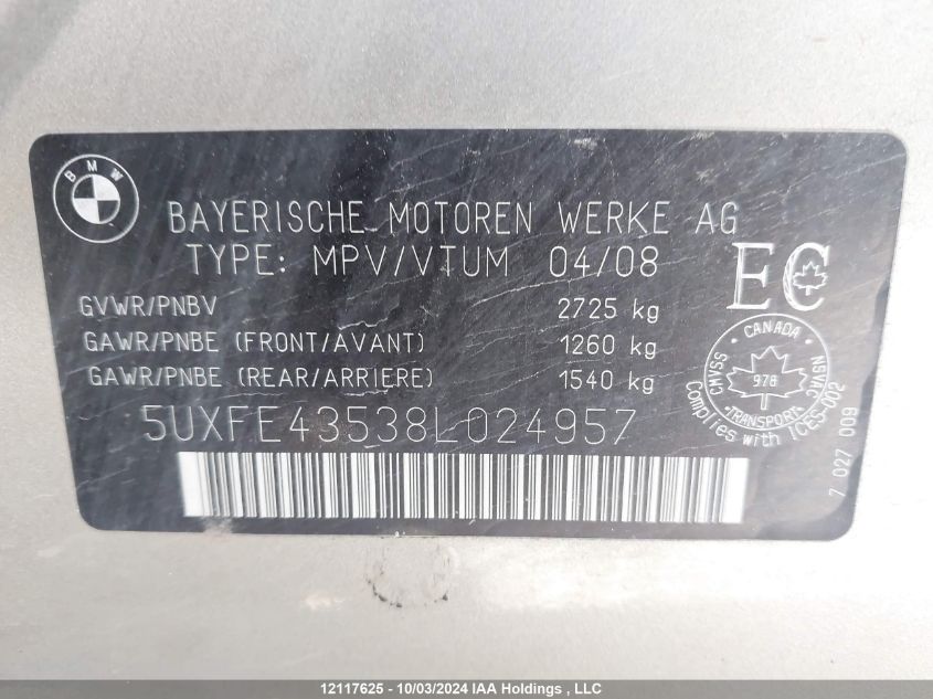 5UXFE43538L024957 2008 BMW X5 3.0I