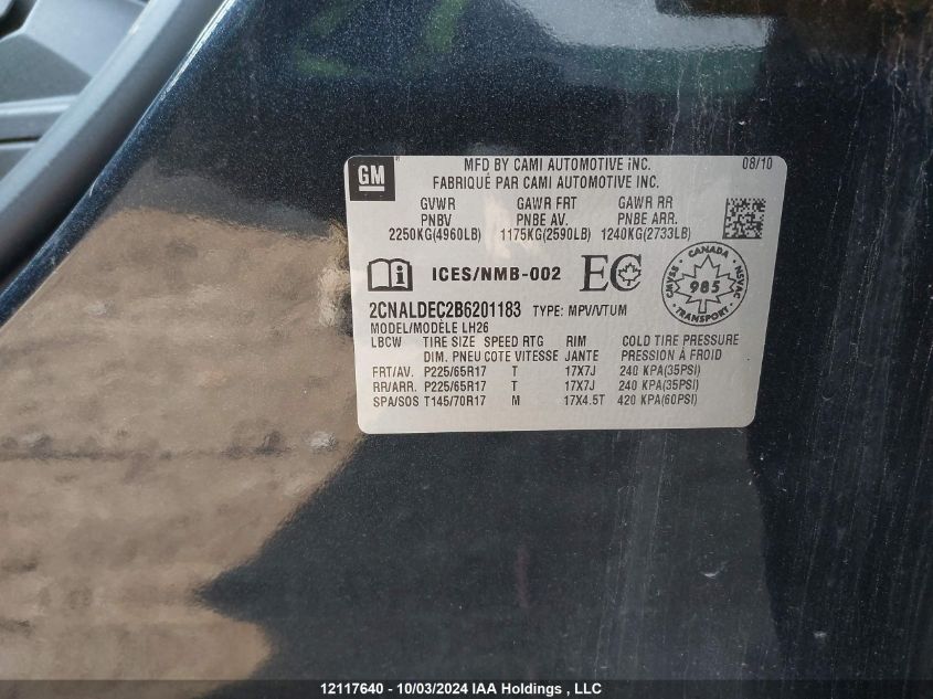 2011 Chevrolet Equinox Lt VIN: 2CNALDEC2B6201183 Lot: 12117640