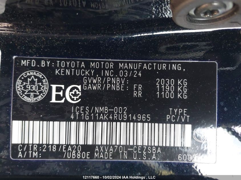 2024 Toyota Camry Se Night Shade/Se VIN: 4T1G11AK4RU914965 Lot: 12117660