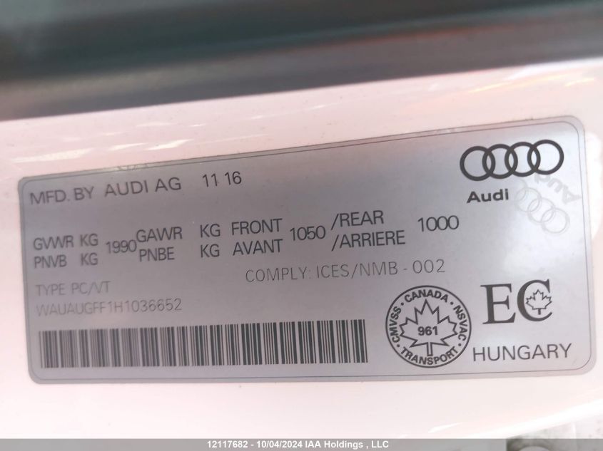 2017 Audi A3 VIN: WAUAUGFF1H1036652 Lot: 12117682