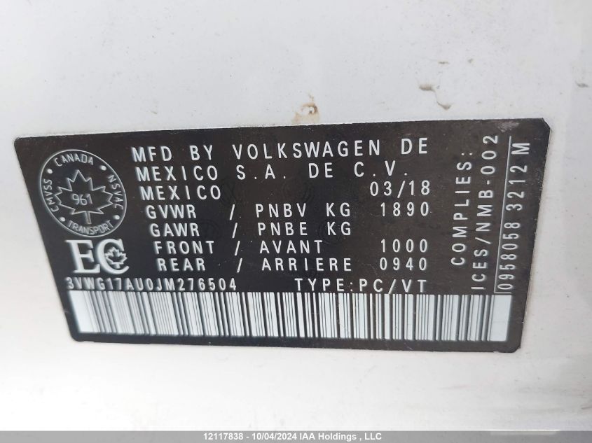 2018 Volkswagen Golf S/Se VIN: 3VWG17AU0JM276504 Lot: 12117838