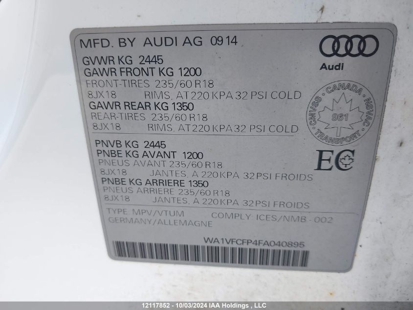 2015 Audi Q5 Prestige VIN: WA1VFCFP4FA040895 Lot: 12117852