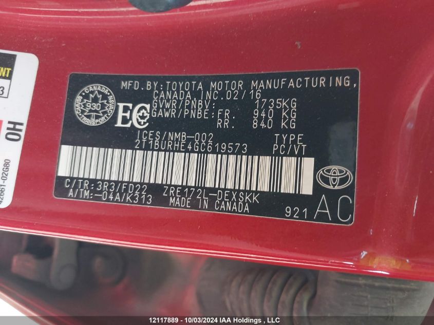 2016 Toyota Corolla S VIN: 2T1BURHE4GC619573 Lot: 12117889