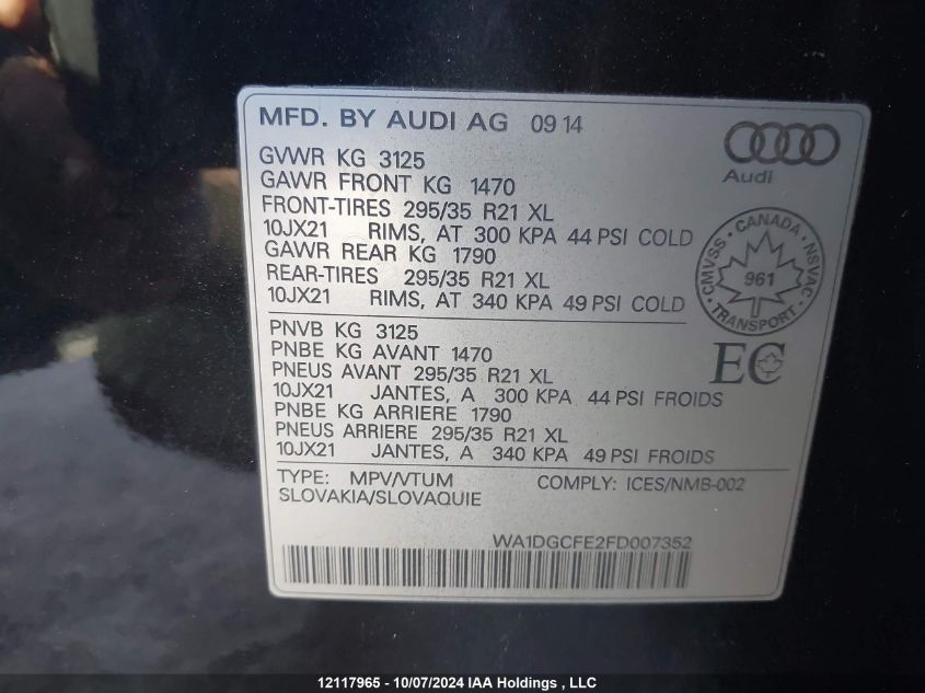 2015 Audi Q7 VIN: WA1DGCFE2FD007352 Lot: 12117965