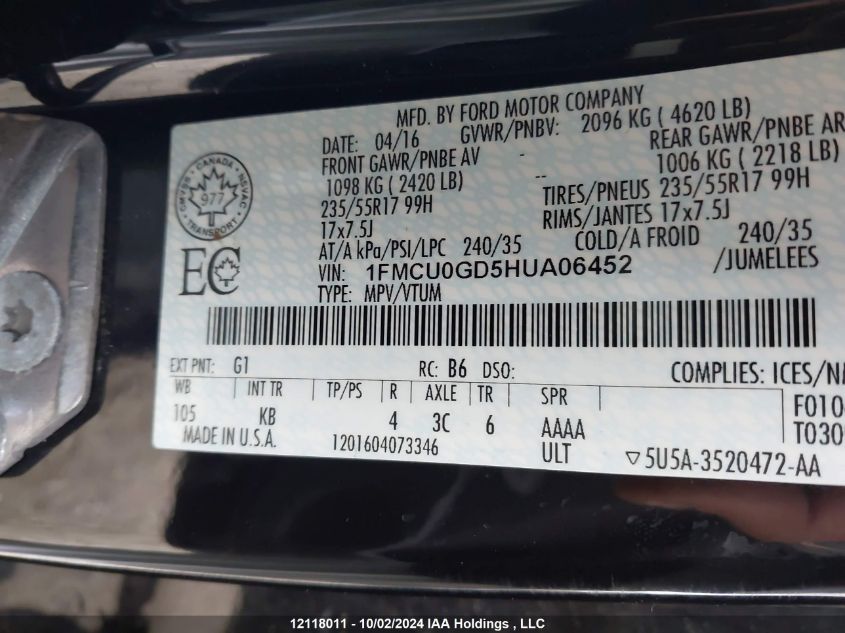 1FMCU0GD5HUA06452 2017 Ford Escape Se