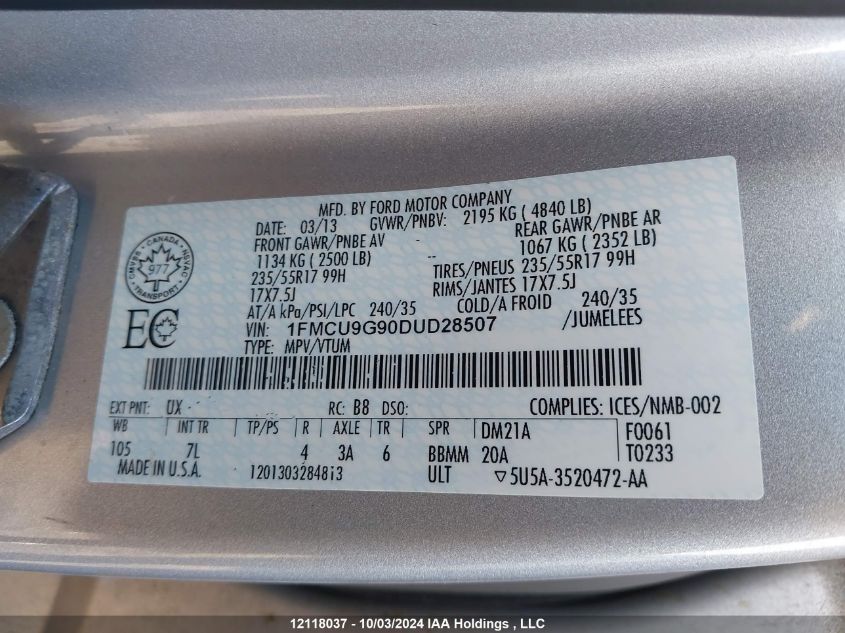 1FMCU9G90DUD28507 2013 Ford Escape Se