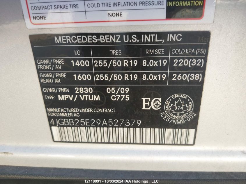 2009 Mercedes-Benz Ml VIN: 4JGBB25E29A527379 Lot: 12118091