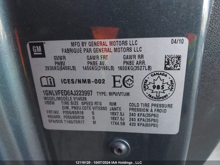 2010 Chevrolet Traverse Lt VIN: 1GNLVFED6AJ223997 Lot: 12118120