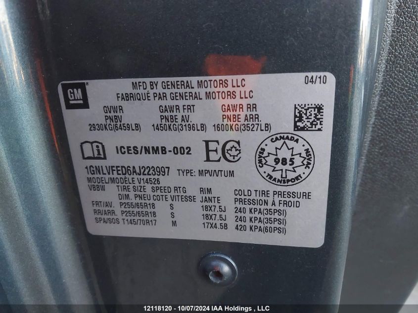 2010 Chevrolet Traverse Lt VIN: 1GNLVFED6AJ223997 Lot: 12118120