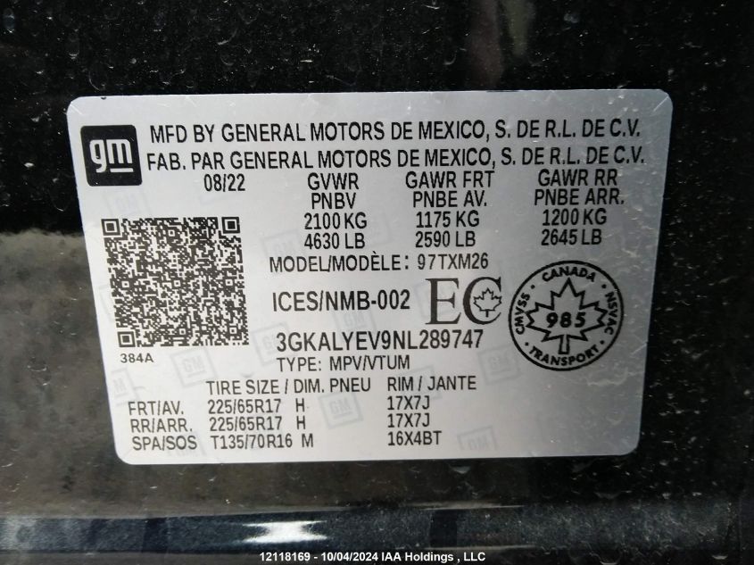 2022 GMC Terrain VIN: 3GKALYEV9NL289747 Lot: 12118169