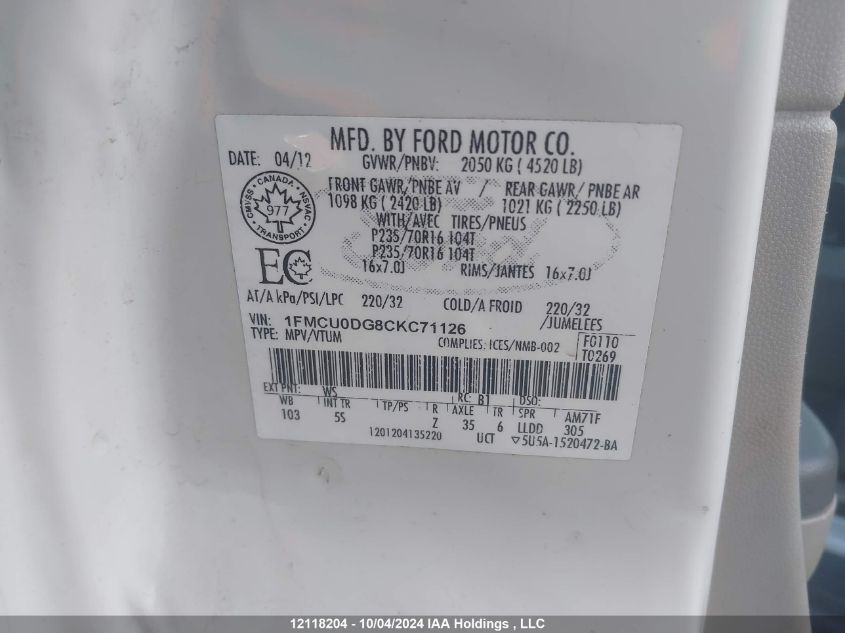 1FMCU0DG8CKC71126 2012 Ford Escape Xlt