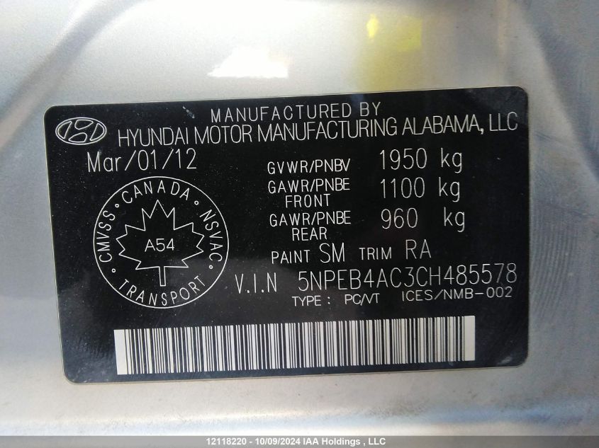 5NPEB4AC3CH485578 2012 Hyundai Sonata Gls