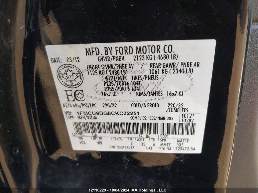 1FMCU9DG8CKC32251 2012 Ford Escape Xlt