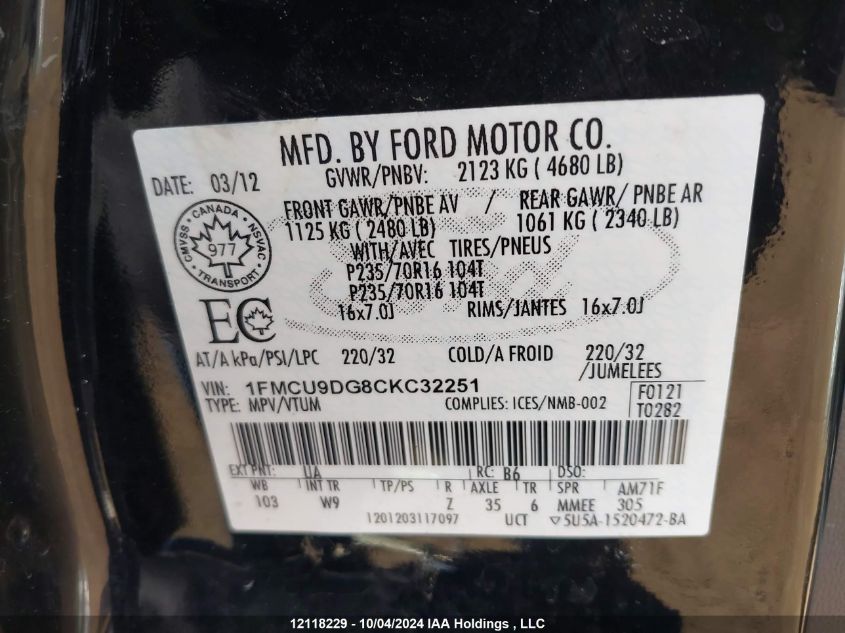 1FMCU9DG8CKC32251 2012 Ford Escape Xlt