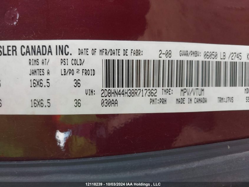 2008 Dodge Grand Caravan Se VIN: 2D8HN44H38R717362 Lot: 12118239