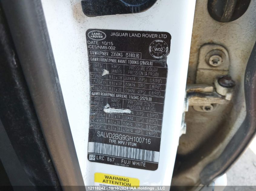 2016 Land Rover Range Rover Evoque VIN: SALVD2BG9GH100716 Lot: 12118242