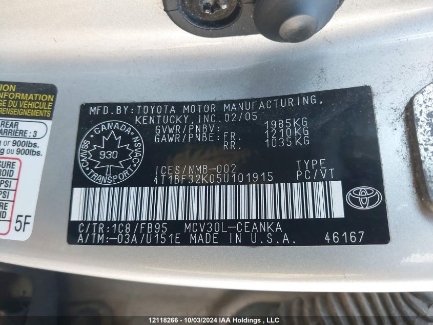 4T1BF32K05U101915 2005 Toyota Camry Le/Xle/Se