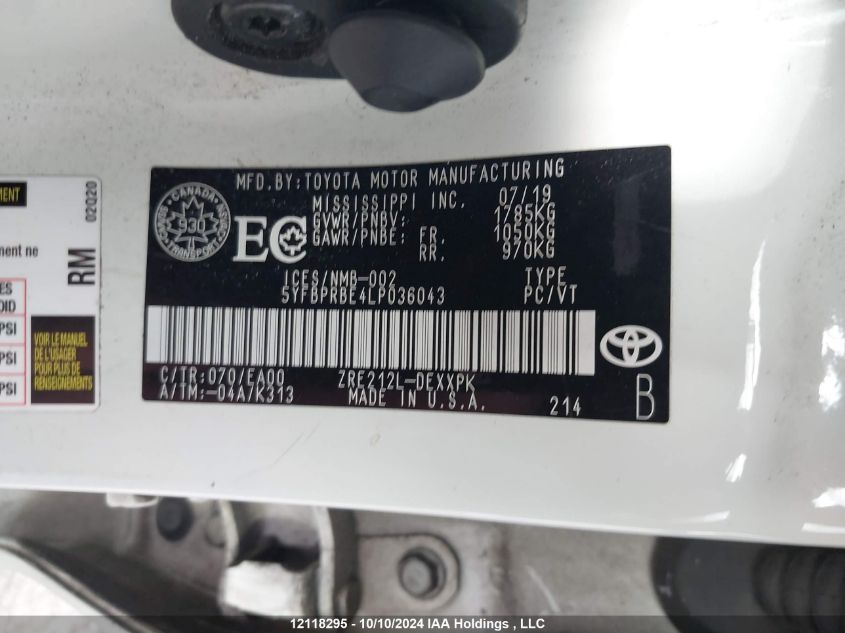 2020 Toyota Corolla L/Le/Xle VIN: 5YFBPRBE4LP036043 Lot: 12118295