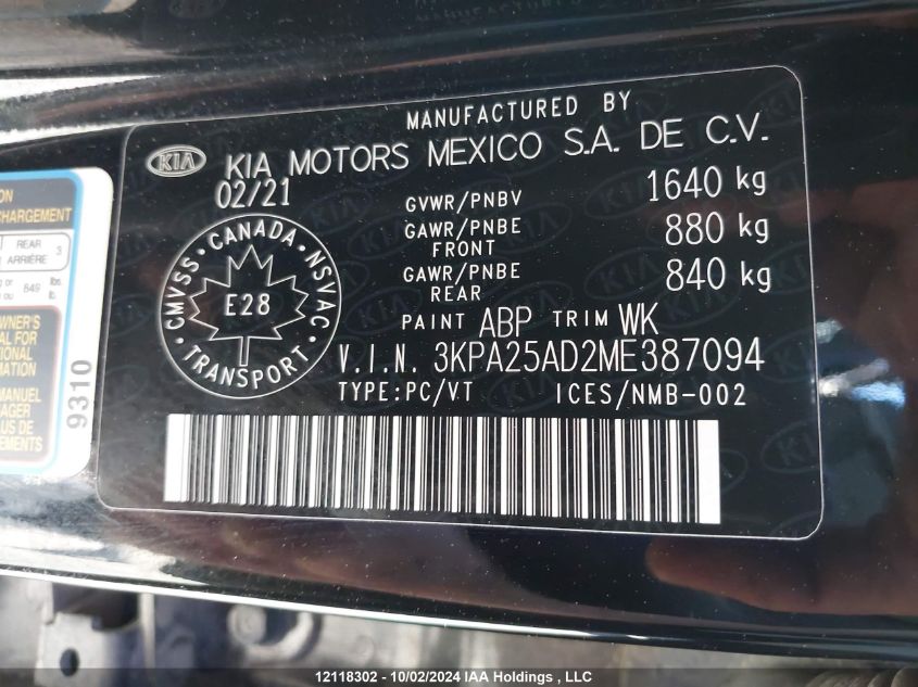 3KPA25AD2ME387094 2021 Kia Rio S