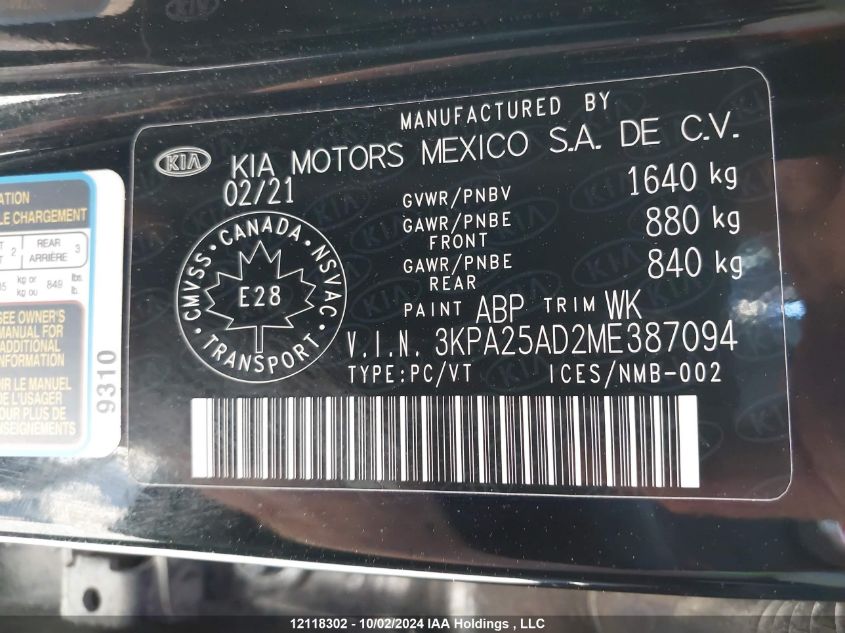 3KPA25AD2ME387094 2021 Kia Rio S